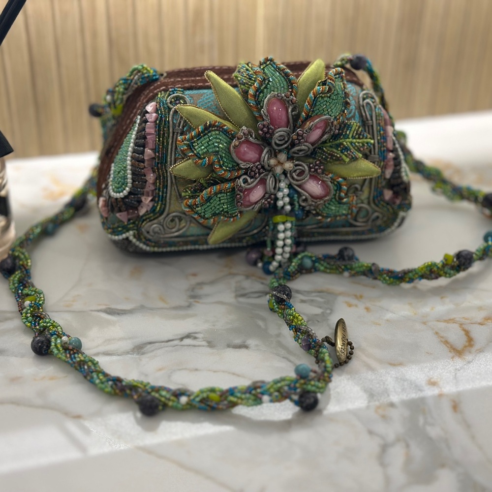 Mary Frances Green and Pink Crossbody Bag with Floral Design
